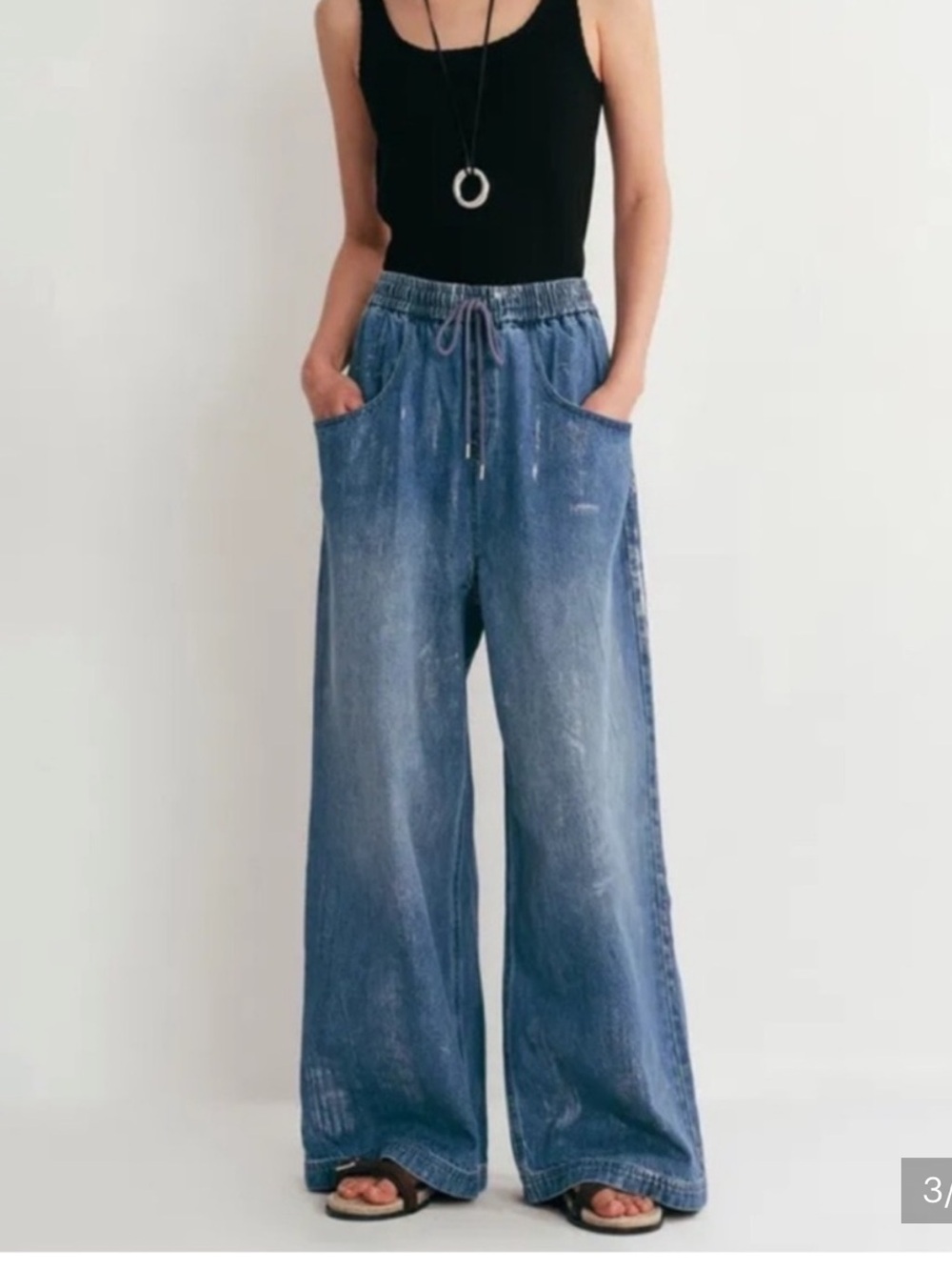 Fabrique Wide Leg Drawstring Denim Pants in Silver Blue Metallic